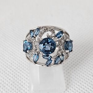 Genuine London Blue Topaz Ring Rhodium Sterling Silver Size 7! New